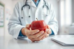 Doctor holding a red apple in a clinical setting. Focus on healthy eating and wellness. White coat, stethoscope, and medical office background. Promoting nutrition and healthcare concepts.