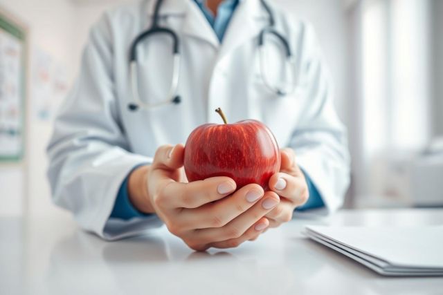 Doctor holding a red apple in a clinical setting. Focus on healthy eating and wellness. White coat, stethoscope, and medical office background. Promoting nutrition and healthcare concepts.