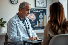 Doctor consults with a patient in a clinic. Healthcare professional discusses health concerns. Image features medical examination, patient care, and a modern office setting.