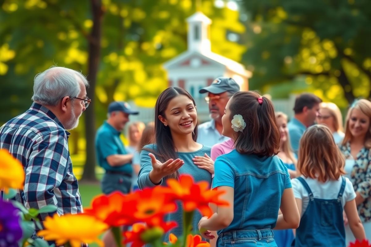 The image shows a lively outdoor gathering of people. Central to the scene is a man engaging with two young women, who seem to be sharing something interesting. They are surrounded by other individuals, some of whom appear to be in conversation as well. 