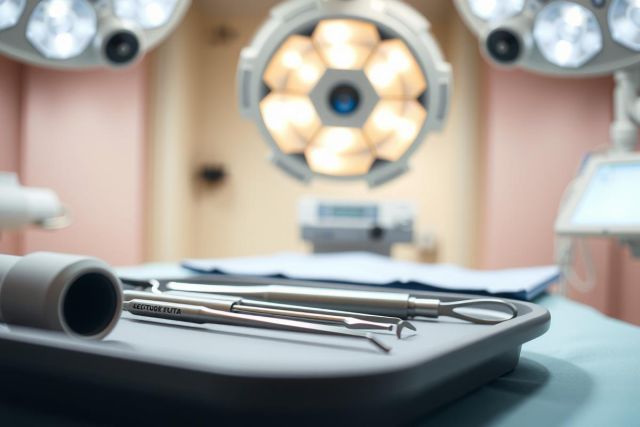 Surgical instruments on a tray in an operating room. Focus on medical tools, sterile environment, and bright lights. Healthcare, surgery, and medical equipment theme.