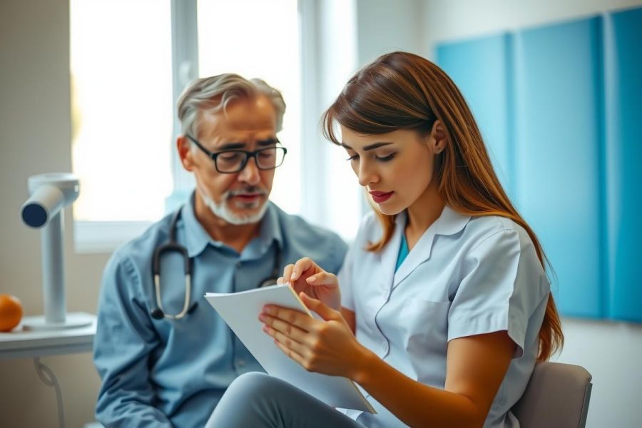 Doctor and nurse review patient records on a tablet in a clinic. Healthcare professionals discuss medical information in a modern, blue-toned office setting.