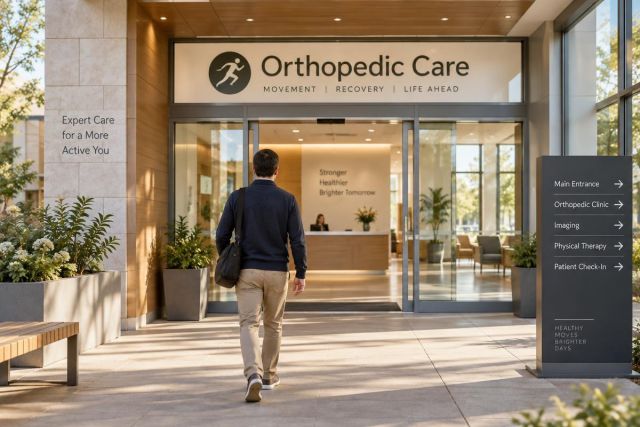 Man walking toward orthopedic clinic entrance with reception desk and directional signage visible.