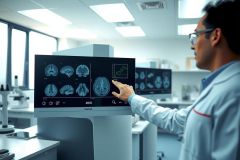 Doctor examining a brain scan on a monitor in a lab. Medical professional analyzing neurological imaging, healthcare technology, diagnostic process. White coat, bright environment.