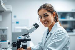 Smiling female scientist in a white lab coat examining samples with a microscope in a modern laboratory. The scene features bright, clean lighting and a focus on scientific research and analysis. A professional portrait showcasing science and technology.