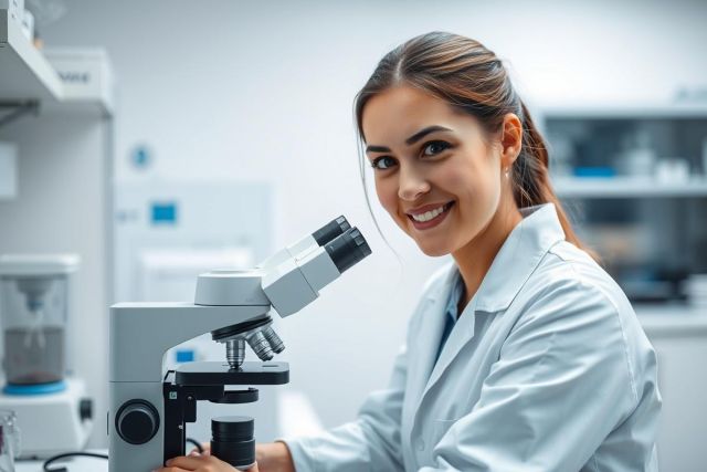 Smiling female scientist in a white lab coat examining samples with a microscope in a modern laboratory. The scene features bright, clean lighting and a focus on scientific research and analysis. A professional portrait showcasing science and technology.