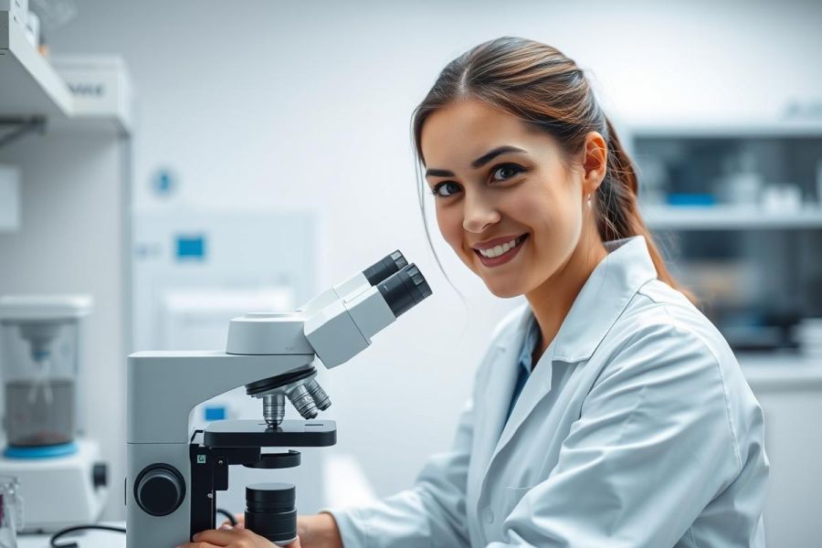 Smiling female scientist in a white lab coat examining samples with a microscope in a modern laboratory. The scene features bright, clean lighting and a focus on scientific research and analysis. A professional portrait showcasing science and technology.