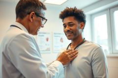 Doctor examining a patient in a bright, modern clinic. The image depicts a medical consultation with a focus on cardiology, featuring a stethoscope and a friendly interaction between healthcare professional and patient. Warm lighting and neutral tones create a welcoming atmosphere.