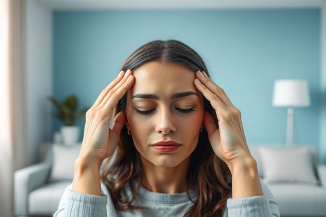 Woman experiencing a headache at home. Close-up portrait shows stress and discomfort with hands on her temples. Soft blue background and neutral tones create a calming, interior setting. Represents pain, health, and wellness.