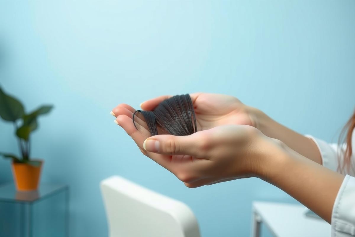 Close-up of hands holding a lock of dark hair against a blue background. Focus on hair texture and color. Minimalist setting with a plant in the background. Suitable for hair care, beauty, or salon related content.