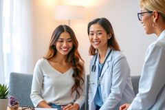 A doctor consults with a patient in a modern office setting. The image showcases a healthcare consultation, featuring a female doctor and a patient in a relaxed, professional environment. The scene highlights medical care and communication.