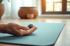Close-up of a hand holding a dark stone on a yoga mat, set against a bright, natural light background. Peaceful, mindful setting promoting wellness and meditation.