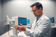 Scientist in a lab examining a medical device displaying a waveform. The image features a man in a white coat and glasses, set against a modern, clean laboratory environment with cool blue and gray tones. Focus on scientific research, medical technology and diagnostics.