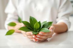 Close-up of hands gently holding a vibrant green plant. The image showcases a nurturing, natural theme with a clean white background and soft lighting. Focus is on the healthy foliage symbolizing growth, care, and possibly wellness or natural beauty. The hands feature neatly manicured nails, adding a touch of elegance.