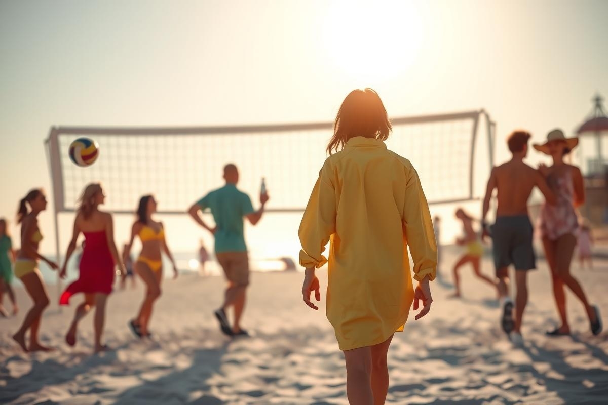 A lively beach scene with a group of people enjoying various activities. A person wearing yellow, possibly a jacket or shirt, is looking off to the side, away from the main action.