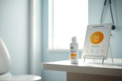 Sunscreen bottle and informational display in a bright, clean medical office setting. The image showcases skincare products, specifically SPF 50 sunscreen, with a focus on healthy skin and sun protection. Predominant colors are white and light blue, conveying a sense of cleanliness and medical care.
