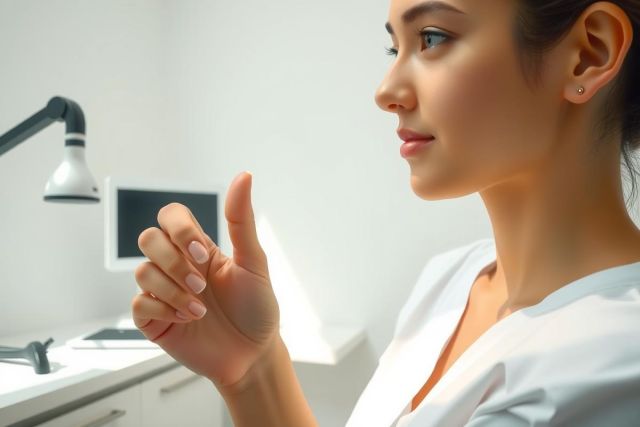 Woman in a white shirt giving a thumbs up in a bright, modern room with medical equipment. Clean, minimalist aesthetic, likely a clinic or office setting. Positive and professional image.