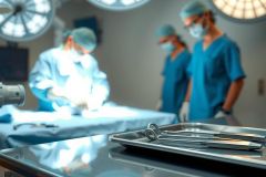 Surgical team in operating room. Close-up of instruments on a tray, with medical professionals in blue scrubs visible in background. Bright, sterile environment. Healthcare professionals performing a procedure.