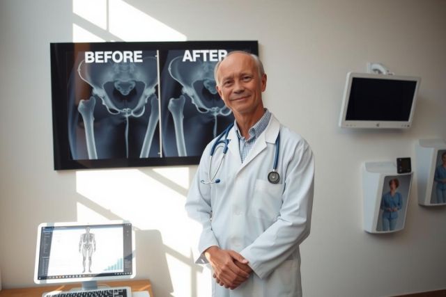 The image shows a middle-aged man, presumably a medical professional given his attire and the setting. He is wearing a white lab coat over a white shirt with a stethoscope around his neck. The man has gray hair and a friendly expression on his face.
