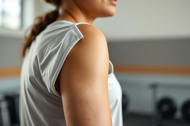 Close-up of a woman's arm and shoulder in a gym setting. She wears a white tank top, demonstrating fitness and exercise. The background features workout equipment and a bright, modern aesthetic. Focus on healthy lifestyle and athletic physique.