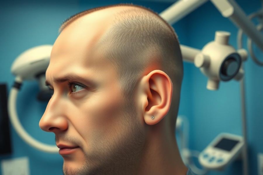 Close-up profile portrait of a man with a clean-shaven head, set against a blue medical background with visible equipment. Focus on facial features and a side view. 