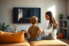 A mother sits on a yellow couch with her young son, viewed from behind. They are in a bright, modern living room with a television and shelving. Warm, natural light fills the space.