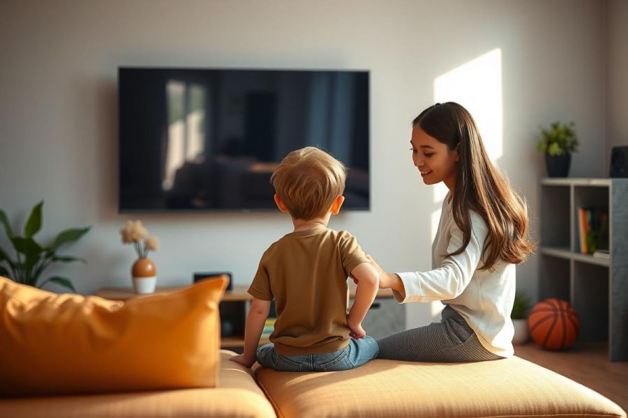 A mother sits on a yellow couch with her young son, viewed from behind. They are in a bright, modern living room with a television and shelving. Warm, natural light fills the space.