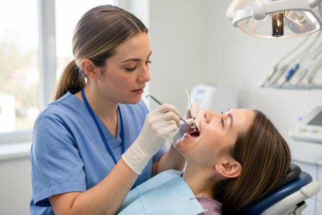 Dentist in blue scrubs examines a patient's teeth with a mirror and probe during a dental checkup.