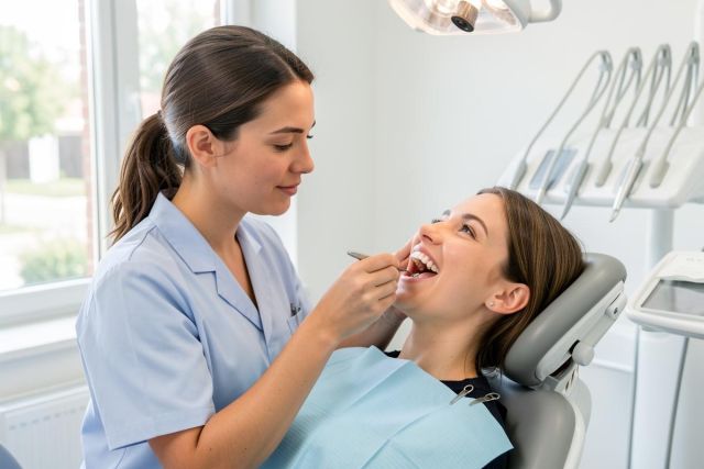 Dental hygienist examines a smiling patient's teeth in a bright clinic chair during a routine dental check.