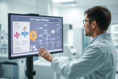 Scientist in a modern lab examining a monitor displaying a CAR-T cell therapy diagram. The image shows a man in a white coat studying complex medical science visuals with blue and orange accents, representing cutting-edge cancer treatment research.