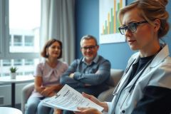 A female doctor examines patients in a modern clinic setting, reviewing paperwork. Warm lighting and comfortable furniture create a welcoming environment. Healthcare consultation.