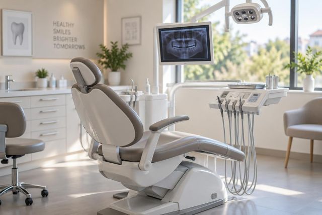 Bright dental operatory with treatment chair, instruments, and X-ray monitor by window.