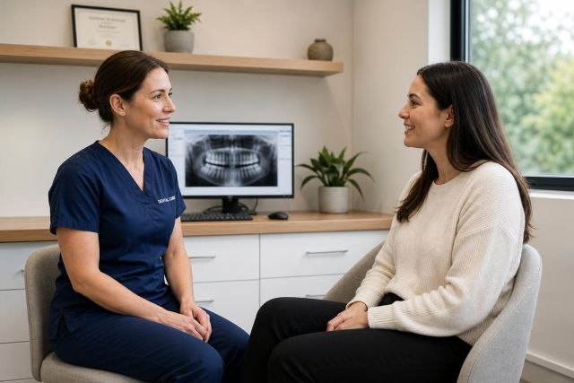 Dental consultation in modern clinic with dentist, patient, and dental X‑ray on monitor.