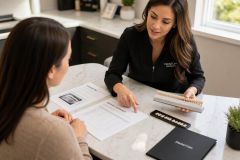 Dental specialist discussing veneer shade options and insurance coverage documents with a patient.