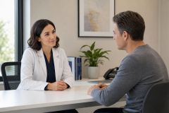 Doctor in white coat attentively consulting a patient across a desk in a calm clinic.