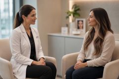 Doctor consulting with patient in a calm cosmetic clinic discussing treatment options and costs.