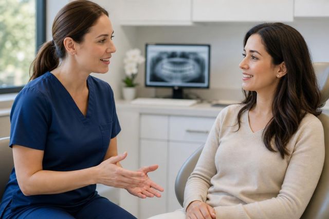 Dentist consulting with patient in clinic, dental X-ray visible on monitor behind.