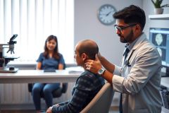 Doctor examines patient in a medical office. The scene depicts a healthcare professional assessing a male patient, showcasing a clinical setting with lab equipment and a nurse in the background. The image highlights healthcare and patient care.