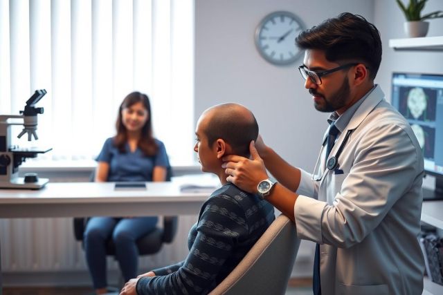 Doctor examines patient in a medical office. The scene depicts a healthcare professional assessing a male patient, showcasing a clinical setting with lab equipment and a nurse in the background. The image highlights healthcare and patient care.