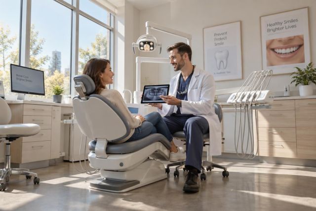 Dentist consulting patient in a bright clinic, showing dental X-ray on tablet.