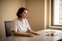 Clinician in scrubs seated at a consultation desk, hands resting near a tablet and stethoscope, looking thoughtful.