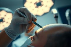 Close-up of a medical procedure. A doctor in gloves and mask examines a patient's head with a tool, likely in an examination room setting. Bright, clinical lighting is visible.