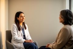 Clinician in white coat speaking and smiling with an older patient in a bright consultation room.