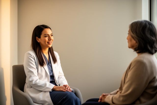Clinician in white coat speaking and smiling with an older patient in a bright consultation room.