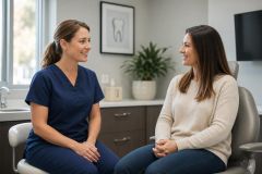 Dentist consulting with a patient in a calm, modern dental exam room discussing treatment options.
