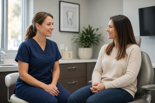 Dentist consulting with a patient in a calm, modern dental exam room discussing treatment options.