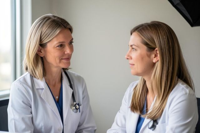 Two clinicians in white coats confer calmly in an exam room, conveying a professional medical consultation.