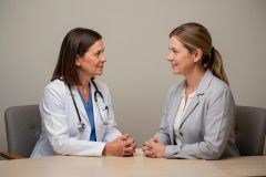 Female doctor in white coat consulting a patient across a table, both smiling and attentive.