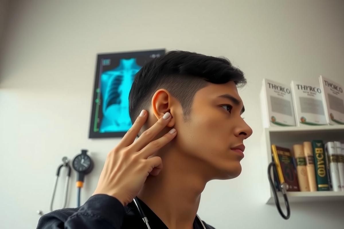 In the image, there's a young man in what appears to be a medical or health-related setting. The environment suggests he may be receiving some form of care or examination. The focus is on his face and neck area, indicating attention might be paid to his skin or other facial features.