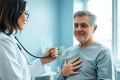 Doctor examining a mature man with a stethoscope in a bright, modern medical office. Healthcare check-up, patient care, and preventative health are key themes. Blue and white tones create a calm, professional atmosphere.